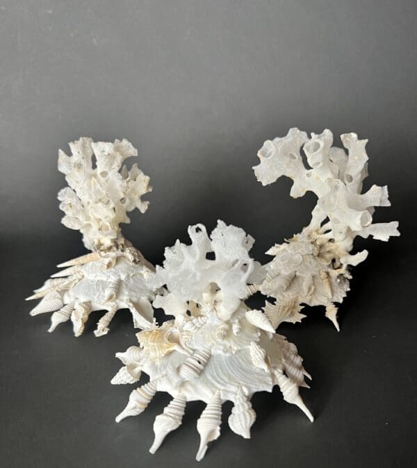 A white sculpture of a crab on top of a table.