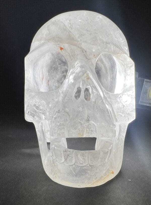 A skull made of clear plastic sitting on top of a table.