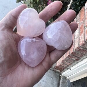 A hand holding three heart shaped stones.