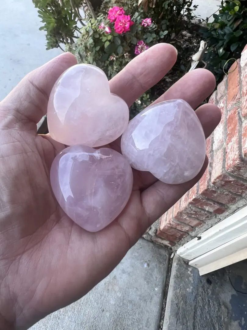 A hand holding three heart shaped stones.