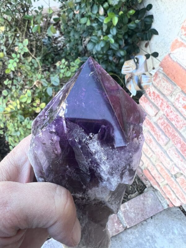 A person holding the Large Amethyst Dragon's Tooth Scepter From Bahia, Brazil 724 grams in their hand.