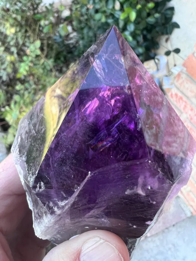 A person holding a Large Amethyst Dragon's Tooth Scepter From Bahia, Brazil 724 grams crystal.