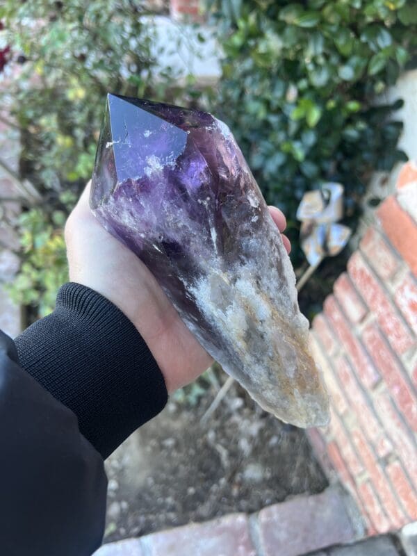 A person holding a Large Amethyst Dragon’s Tooth Scepter from Bahia, Brazil 902 grams in front of a brick wall.