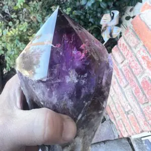 A person holding a Large Amethyst Dragon’s Tooth Scepter From Bahia, Brazil 902 grams.