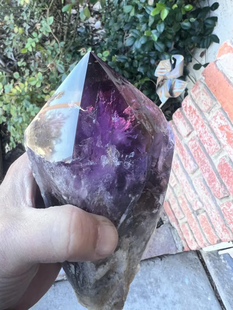 A person holding a Large Amethyst Dragon’s Tooth Scepter From Bahia, Brazil 902 grams.