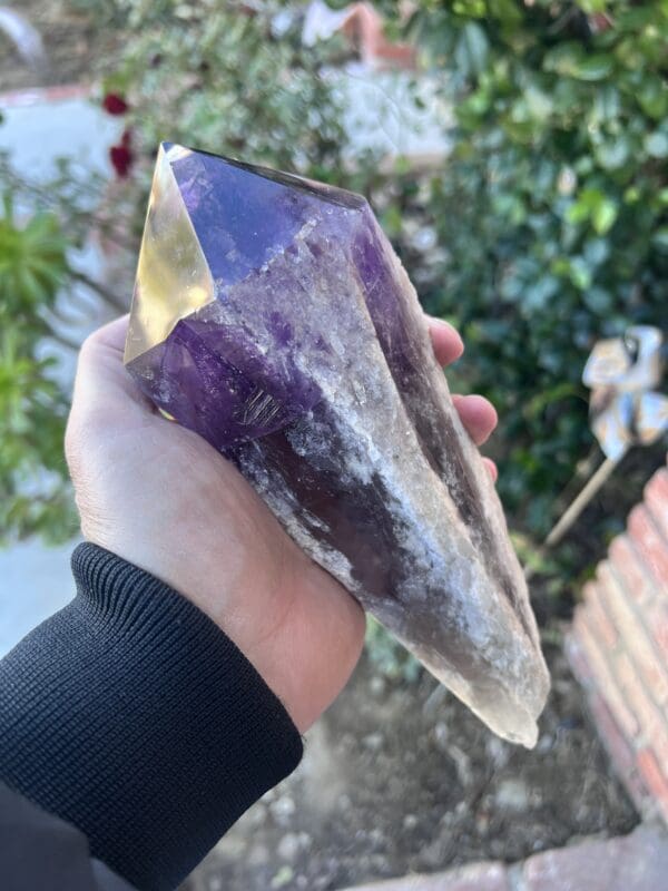 A person holding a Large Amethyst Dragon’s Tooth Scepter in their hand from Bahia, Brazil.