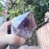 A person holding a Large Amethyst Dragon’s Tooth Scepter From Bahia, Brazil 840 grams.