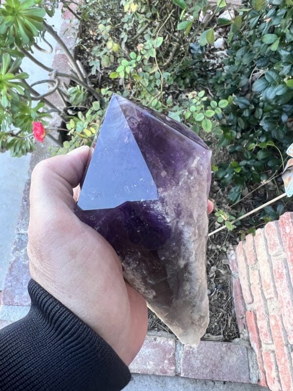 A person holding a large Amethyst Dragon’s Tooth Scepter from Bahia, Brazil 840 grams.