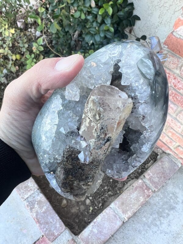 A person holding an Uruguayan Clear Quartz Cut Base Geode with Secondary Calcite.