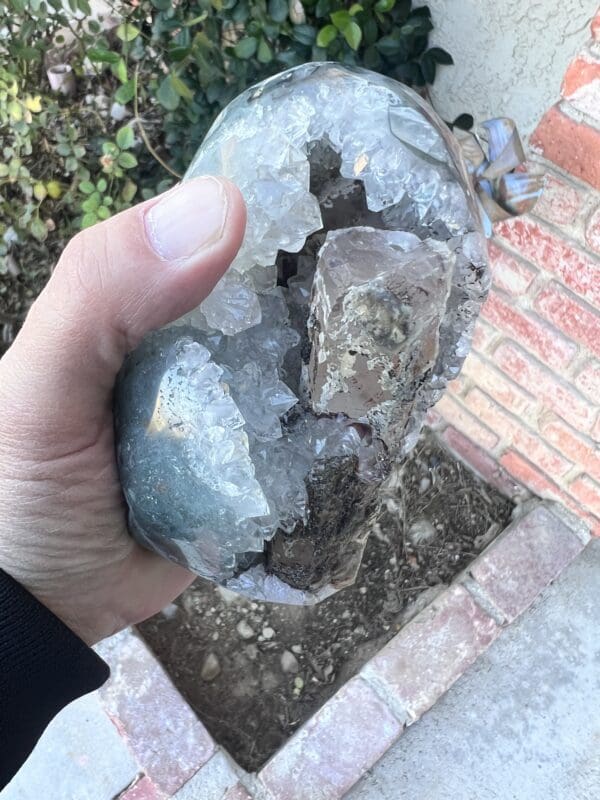 A person holding a Uruguayan Clear Quartz Cut Base Geode with Secondary Calcite.