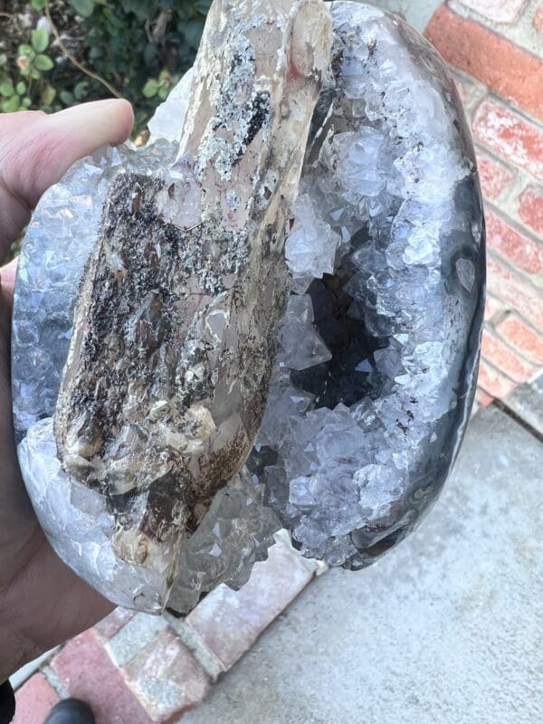 A person holding a piece of Uruguayan Clear Quartz Cut Base Geode with Secondary Calcite.