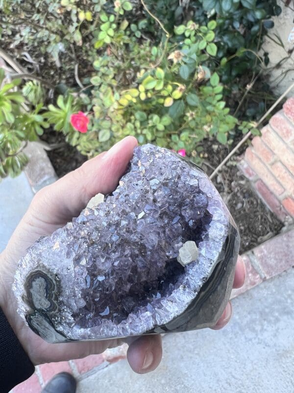 A person holding a Uruguayan Amethyst Cut Base with Secondary Calcite 822 grams.