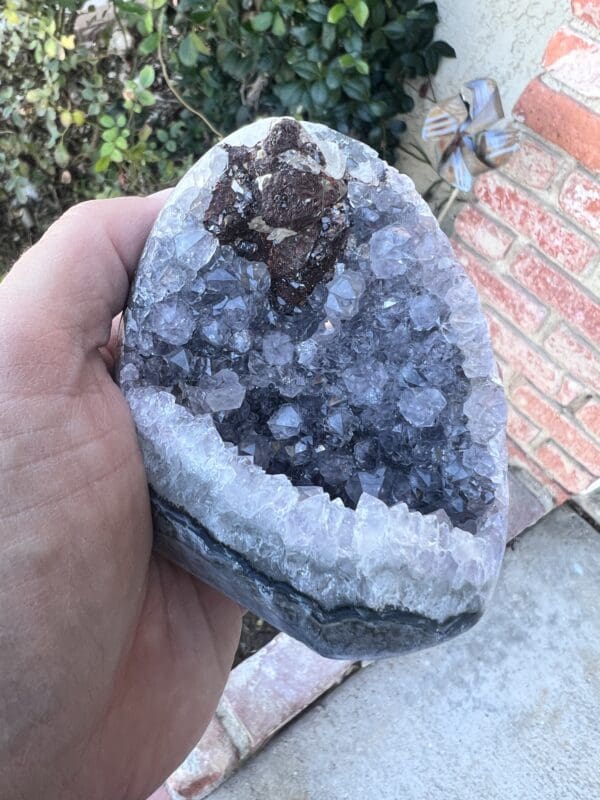 A person holding a Uruguayan Amethyst Cut Base with Secondary Calcite 412 grams with a lot of crystals in it.