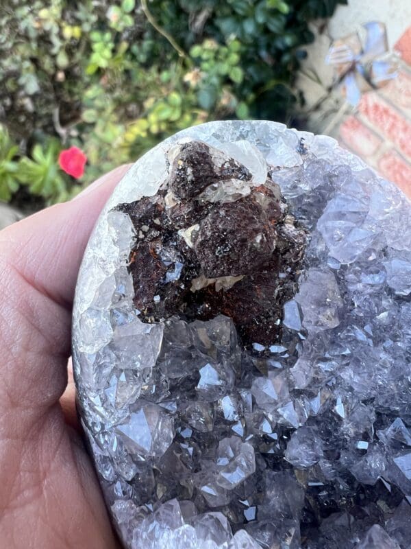 A person is holding a Uruguayan Amethyst Cut Base with Secondary Calcite 412 grams.