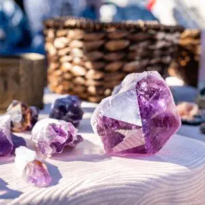 Baby Amethyst Dragon's Teeth Scepters-Bahia on display at an outdoor market.